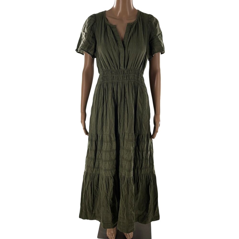 Anthropologie Moss Green Somerset Tiered V Neck Cotton Maxi Dress - Picture 4 of 11